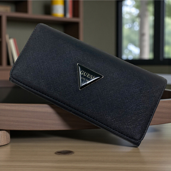 Vintage Y2K Guess Black Vegan Saffiano Leather Continental Trifold Clutch Wallet - Picture 2 of 8